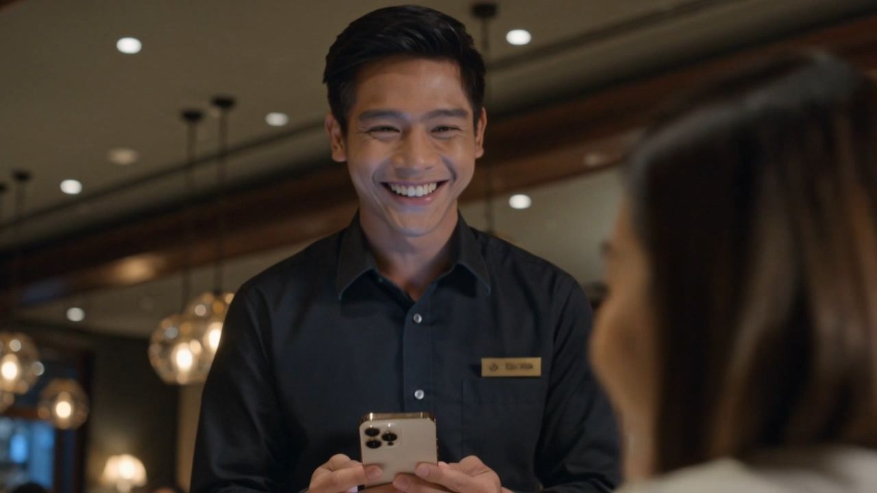 Restaurant staff member looking at an allergy card on a traveler's phone