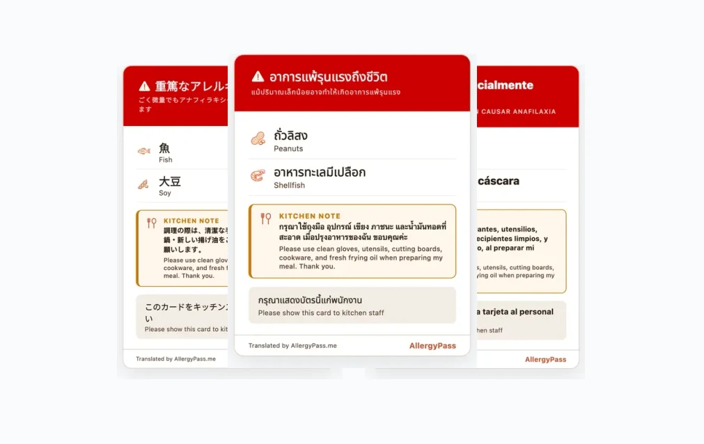 AllergyPass cards in Japanese, Thai and Spanish, showing the same design customers receive