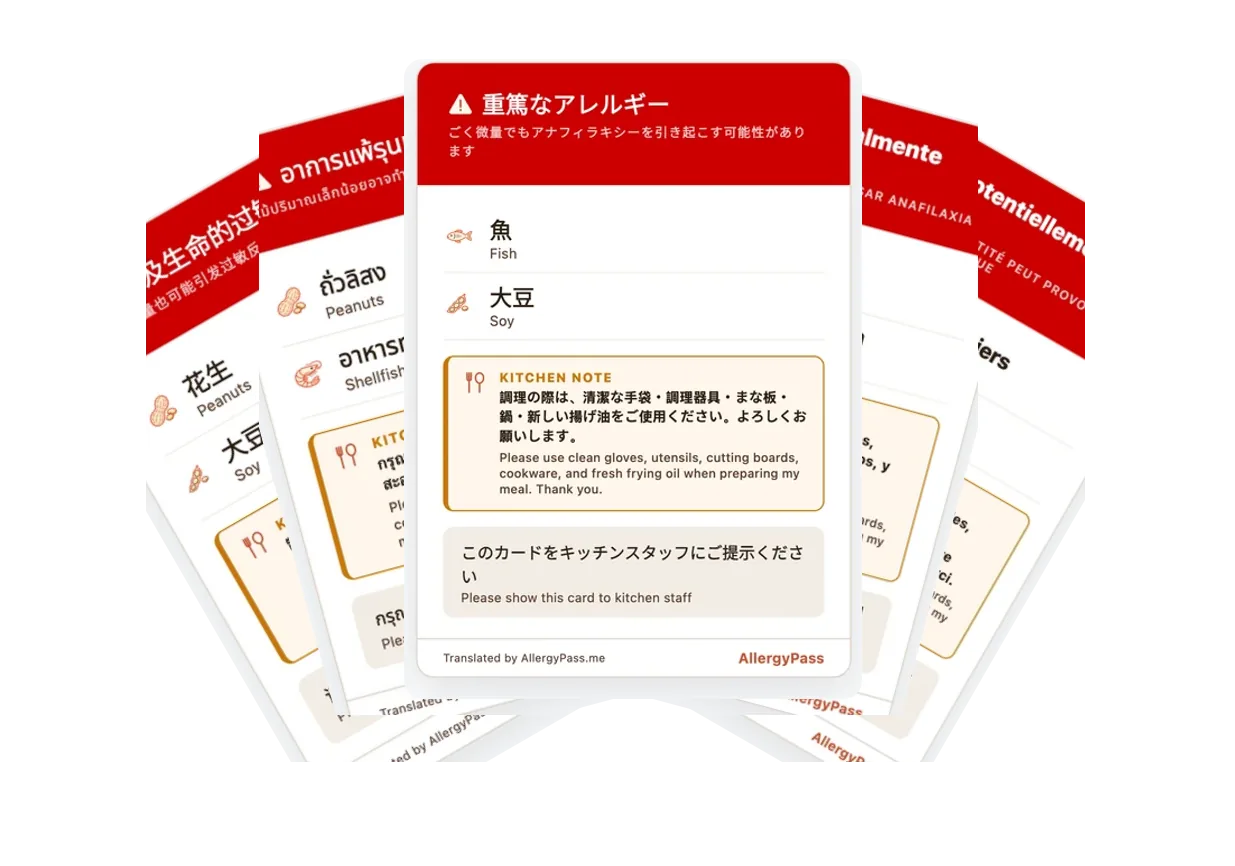 Allergy cards fanned like a deck, showing the same card in Chinese, Thai, Japanese, Spanish and French