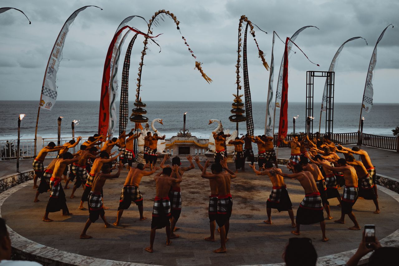 Kecak fire dance performance at Uluwatu Temple Bali at sunset
