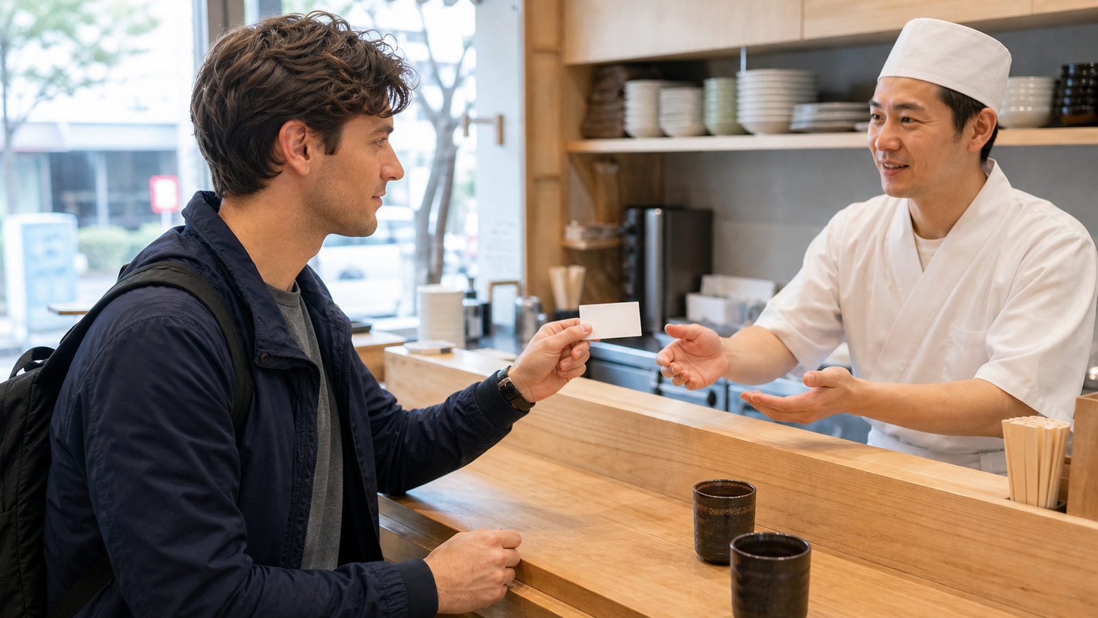 Traveler showing Japanese-language allergy card to sushi chef in Japan