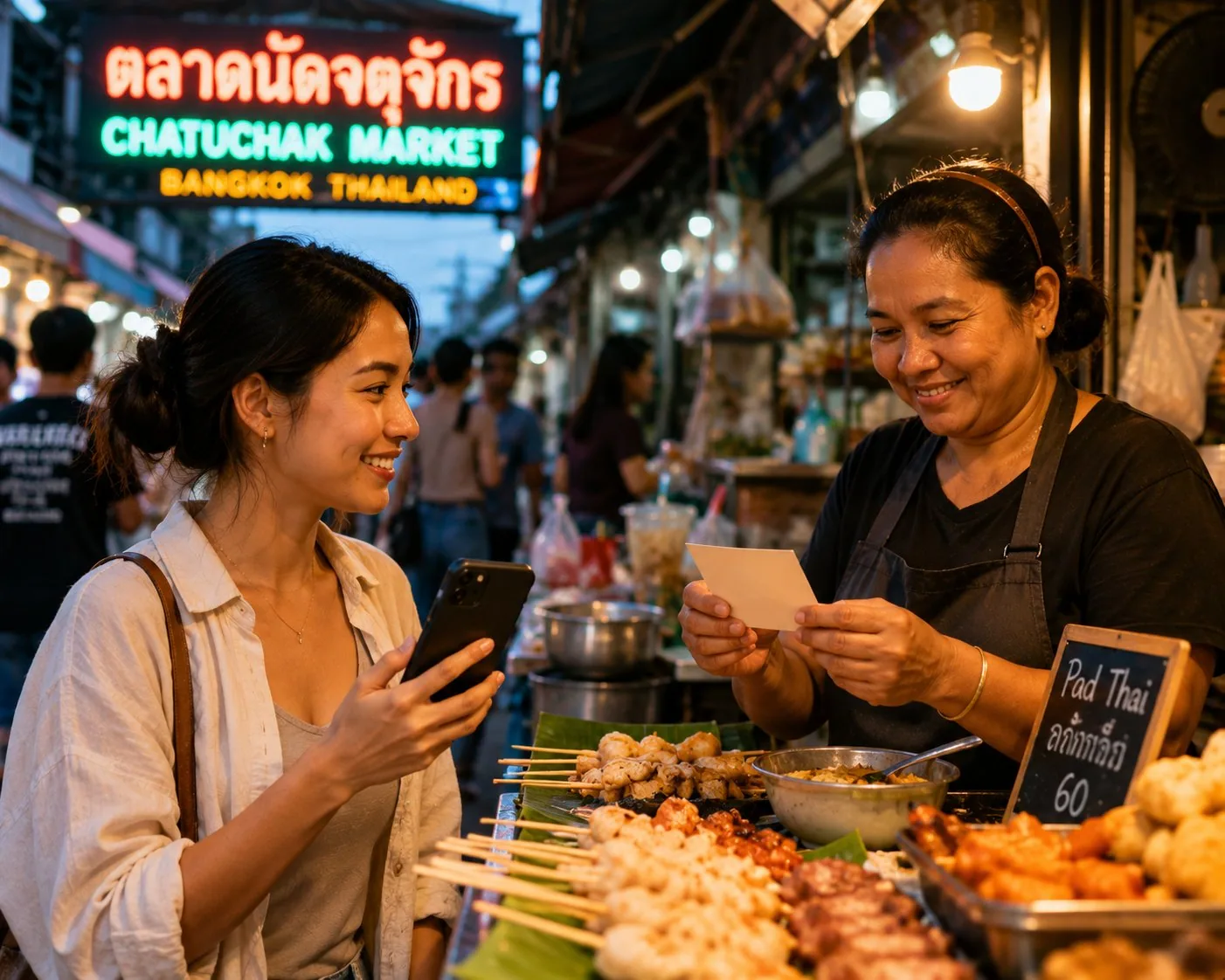 Street food vendor at a Bangkok market reading an allergy card