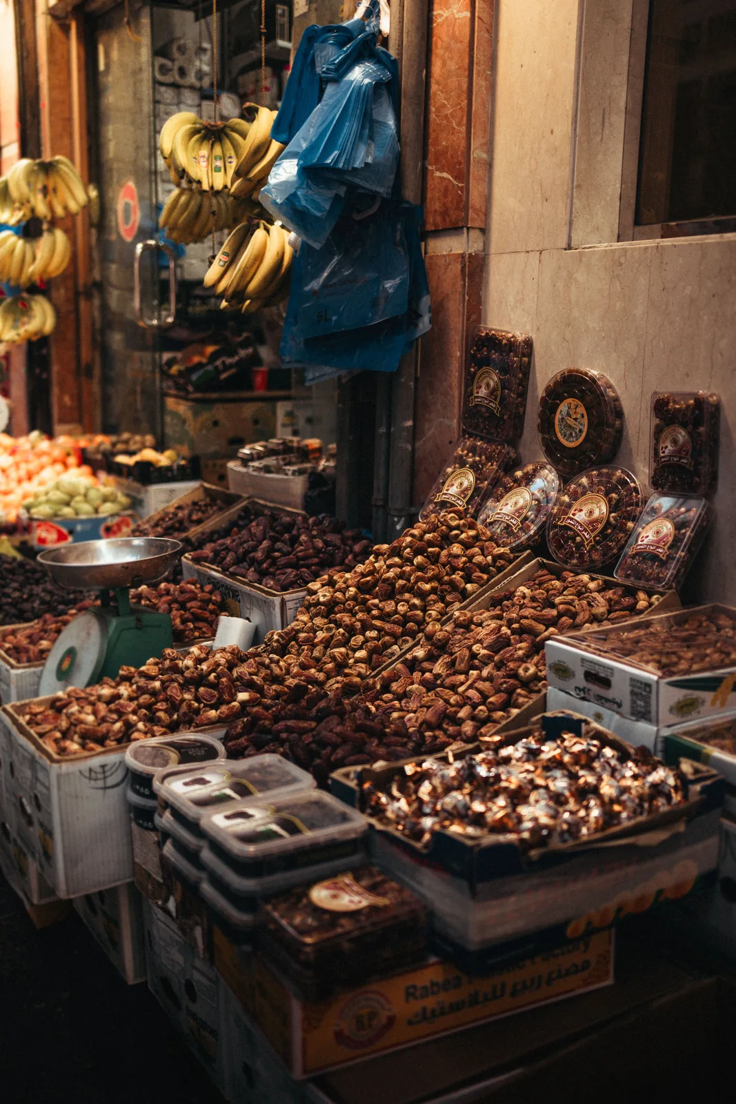Middle Eastern sweets with nuts in a shop display