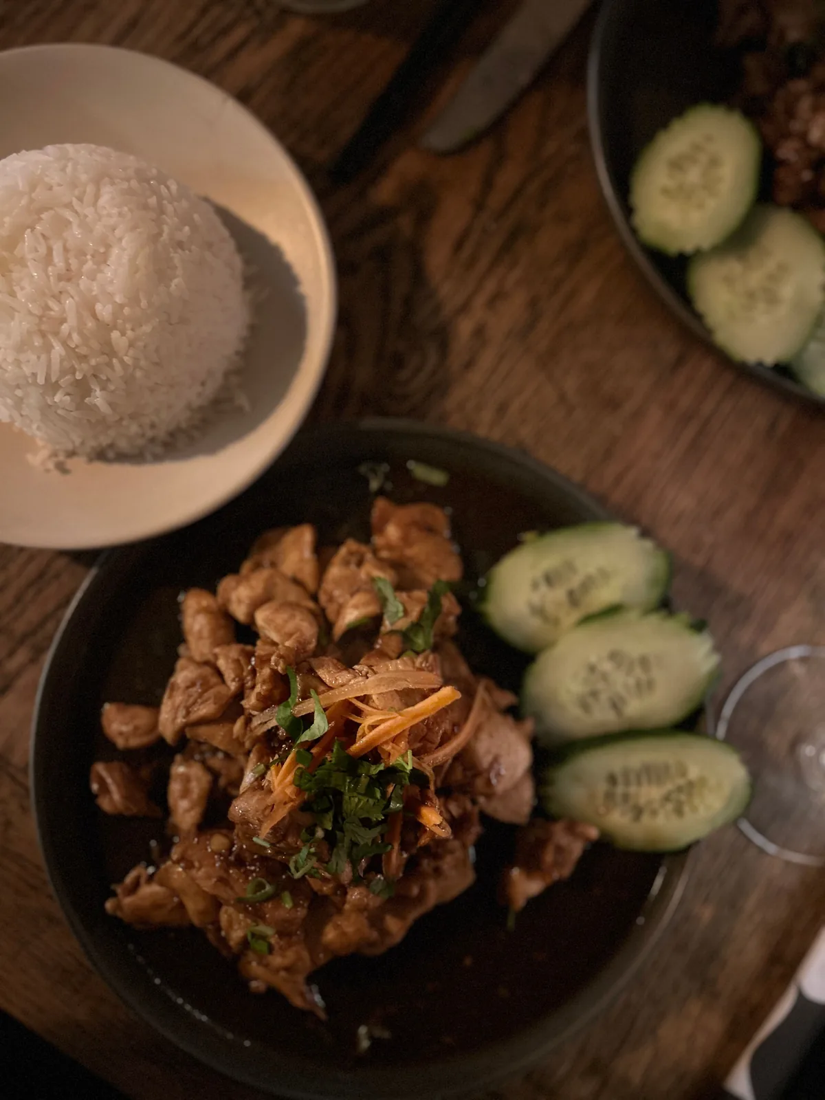 Meat and cucumber dish viewed from above