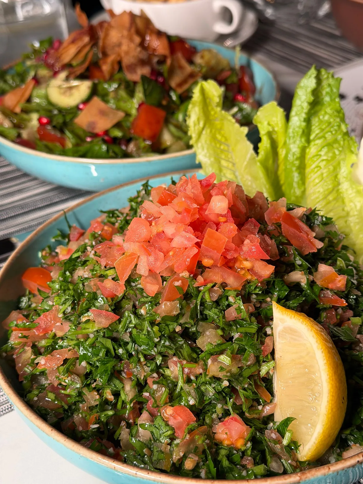 Tabbouleh salad with lemon viewed from above