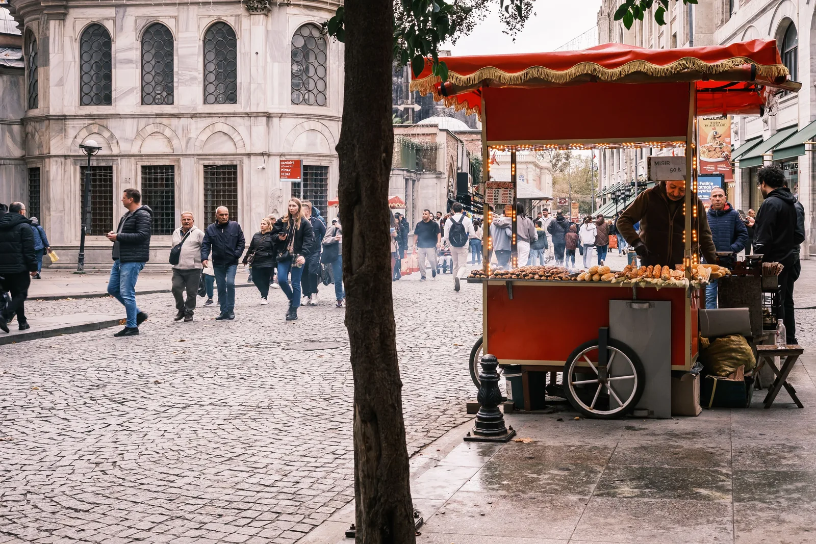 Street-food cart in a European plaza