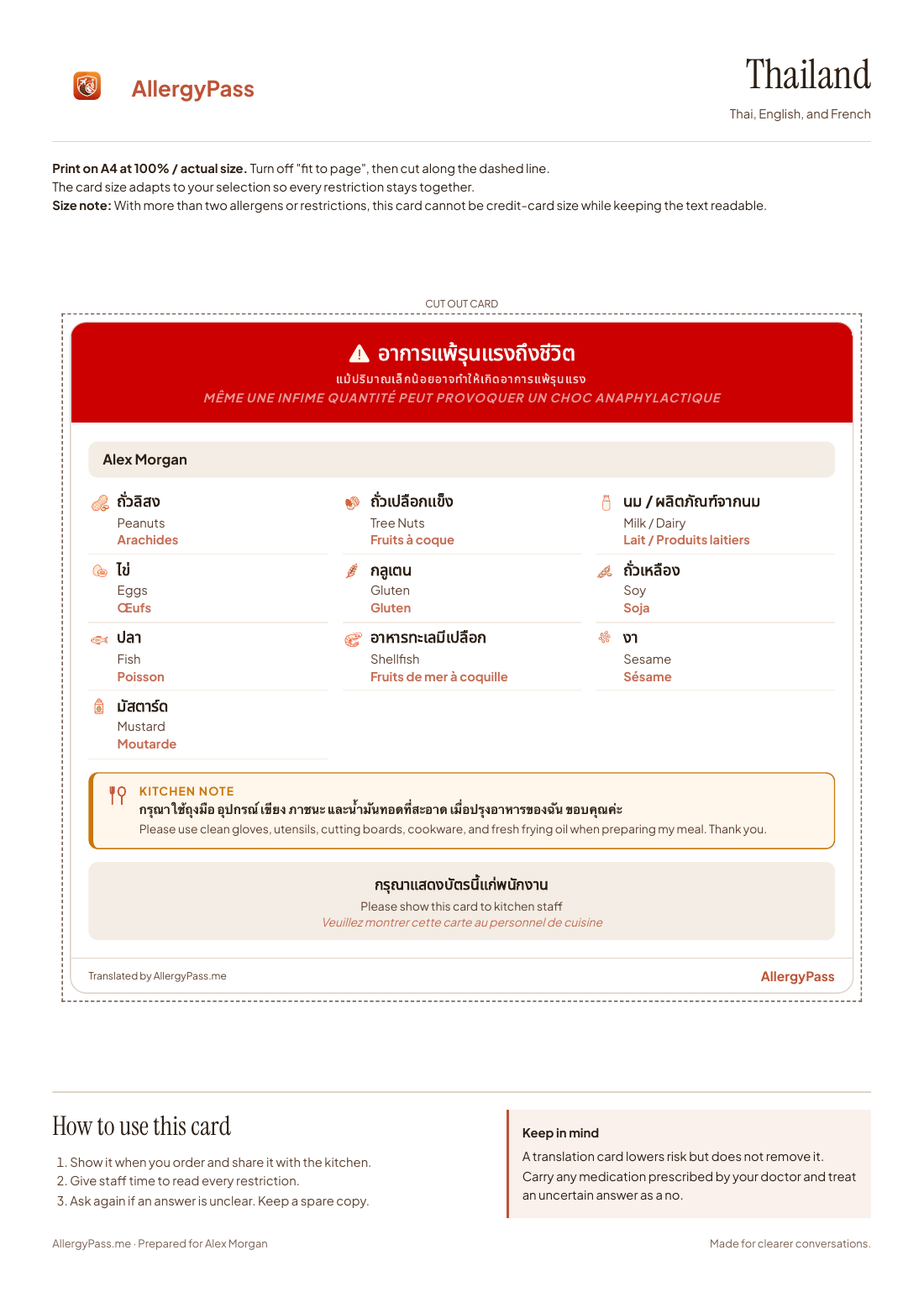 Current one-page AllergyPass PDF showing a Thai, English and French card, cutting guide, instructions and safety reminder