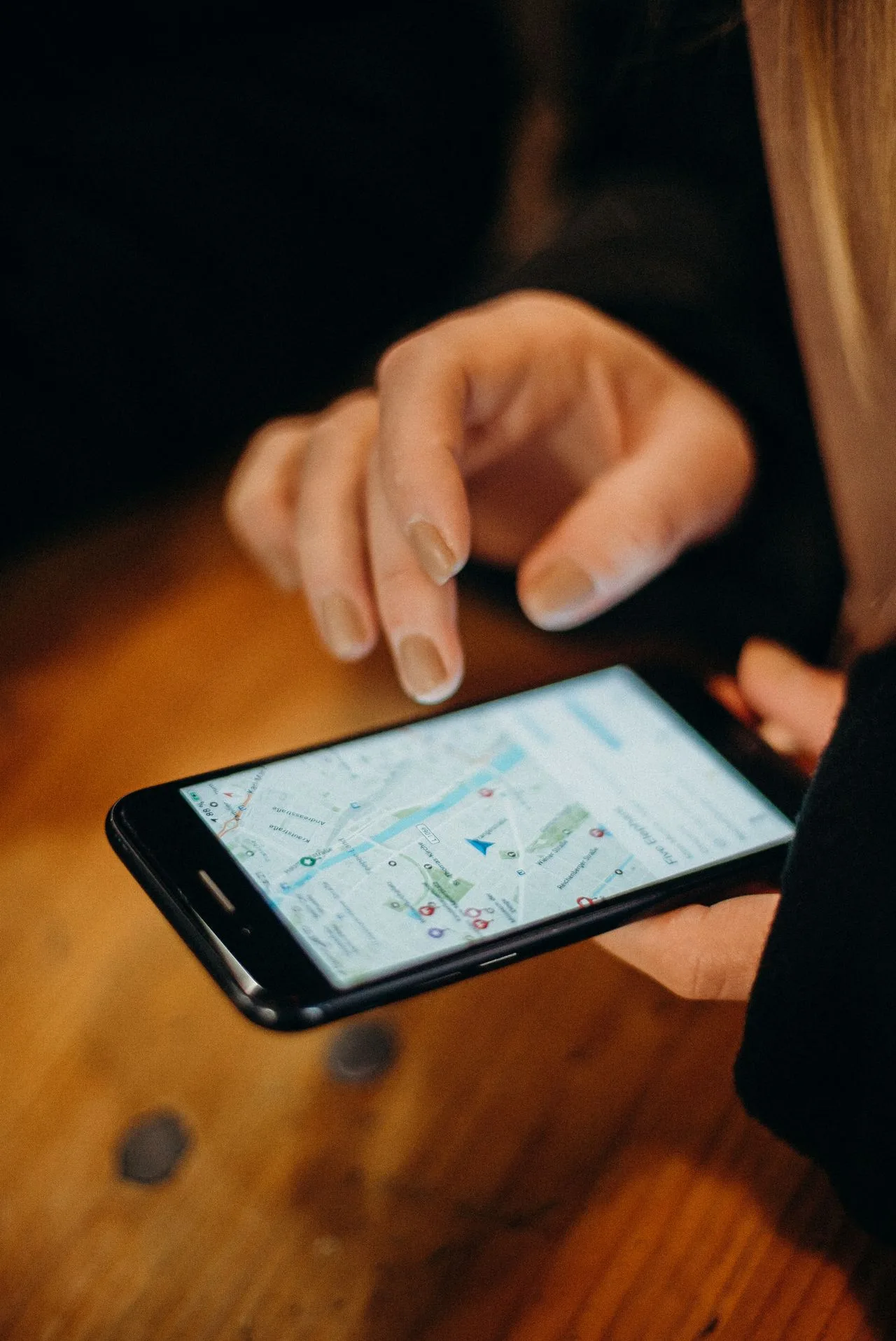 Smartphone showing map navigation while traveling