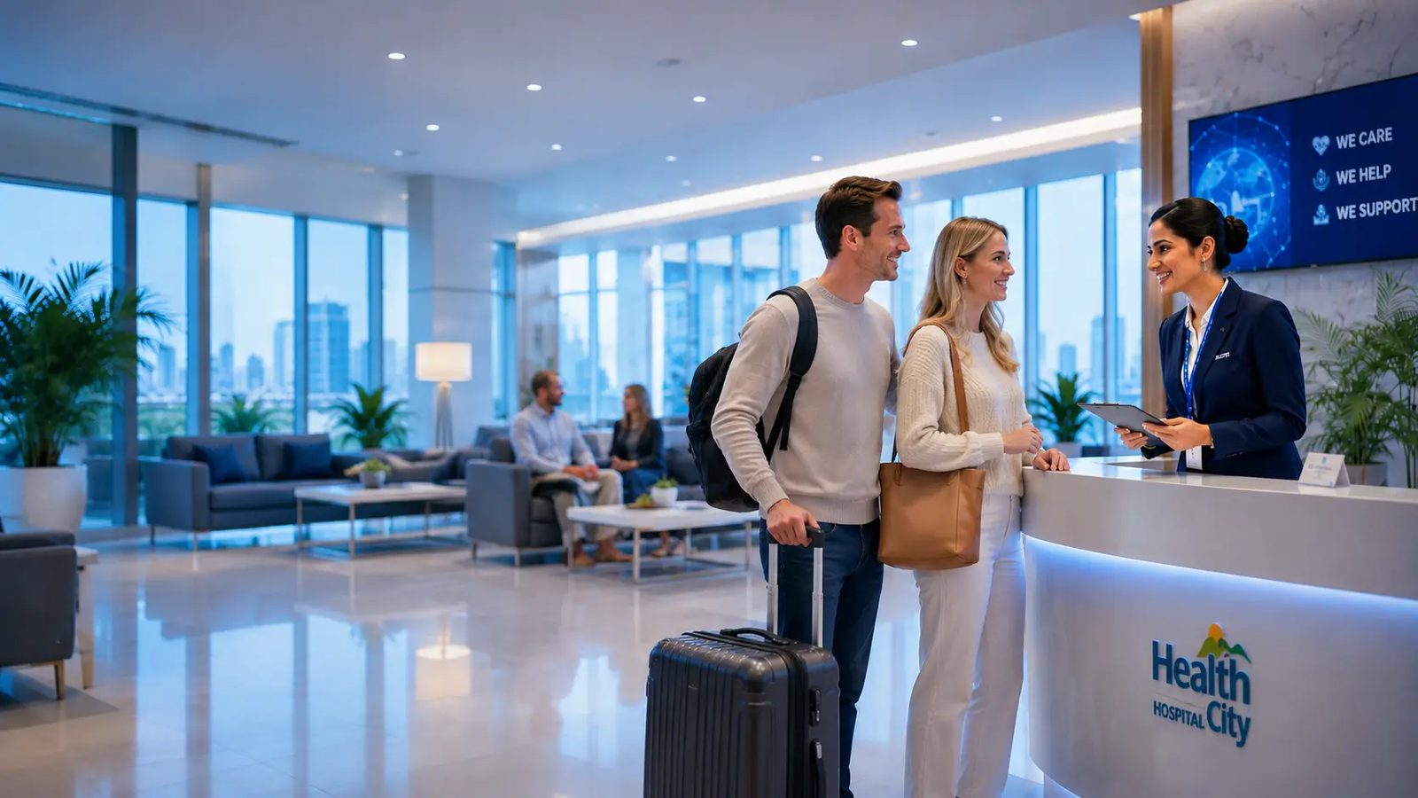 Traveler at hospital reception showing medical documentation abroad