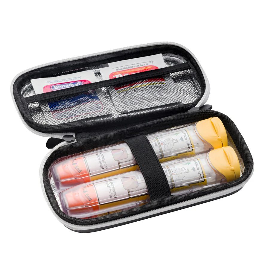 Two epinephrine auto-injectors in a travel case: always carry two when traveling with severe food allergies